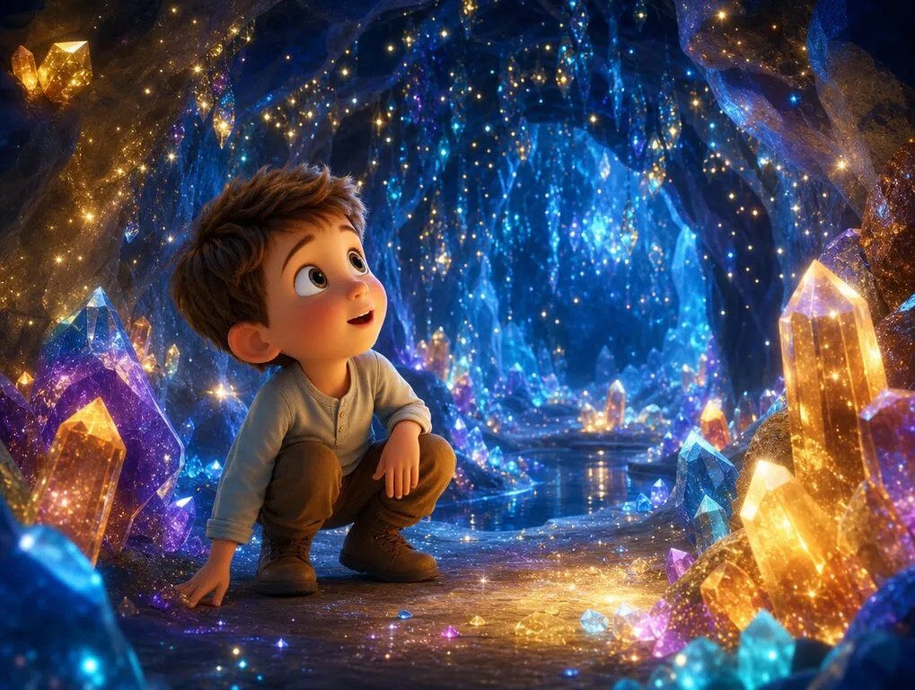 Ilustração da história A Caverna de Cristais — livro infantil personalizado
