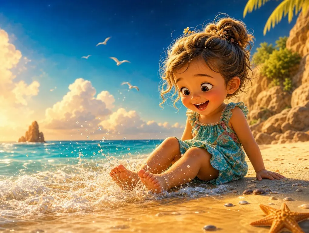 Ilustração da história A Primeira Vez no Mar — livro infantil personalizado