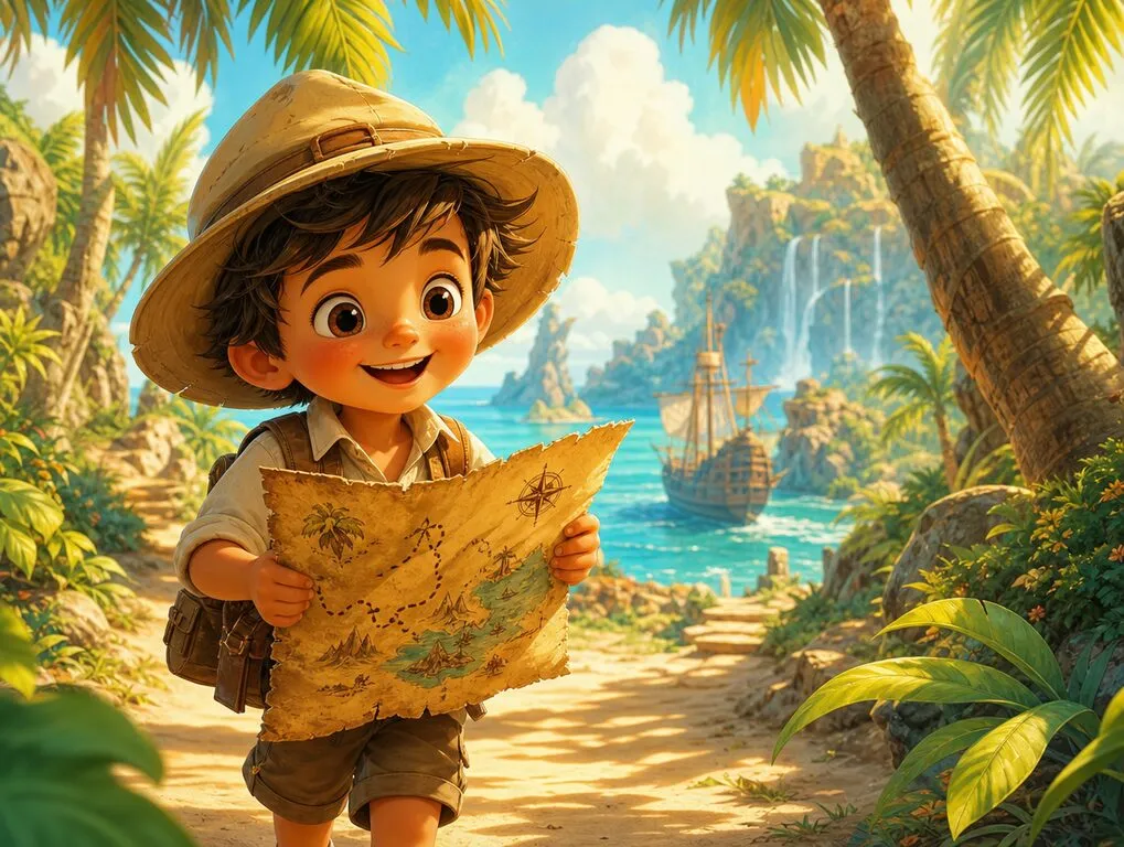 Ilustração da história O Mapa da Ilha Secreta — livro infantil personalizado