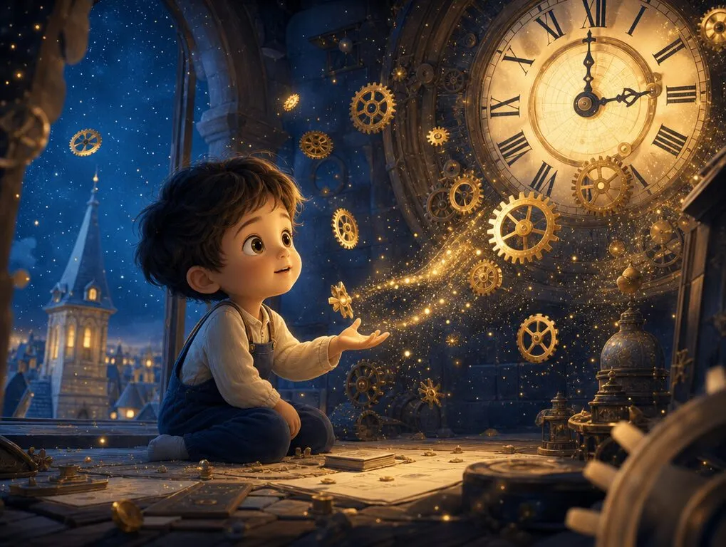 Ilustração da história O Relógio do Tempo Lento — livro infantil personalizado